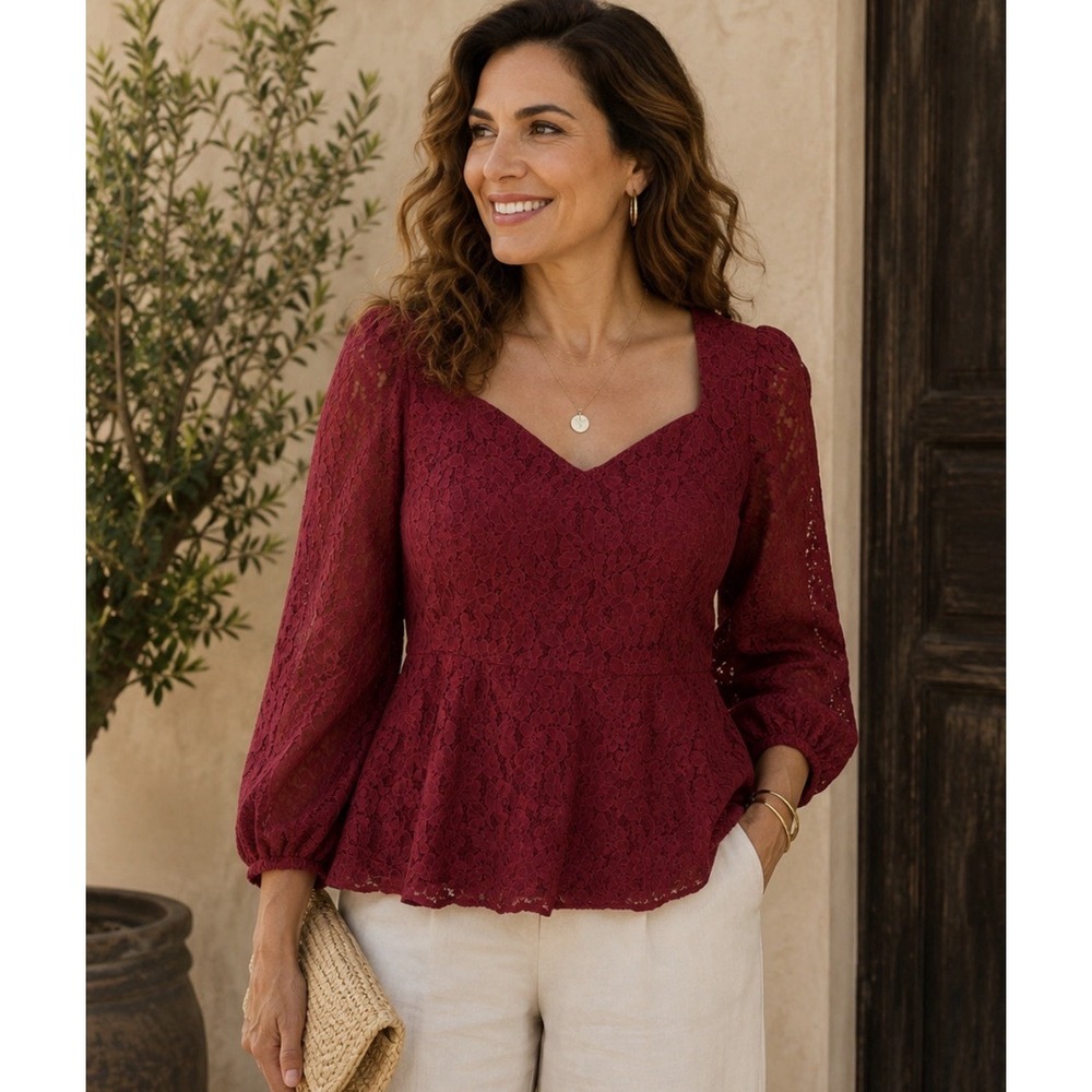 Torrid Burgundy Red Lace Peplum Top Sz 2 2X Blouse Balloon Sleeve Cocktail Party
